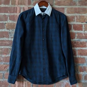 Public School white collar blue plaid shirt